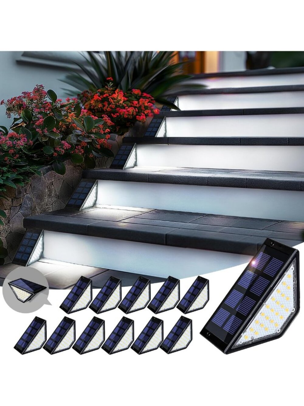 12 Pack Waterproof Solar Step Lights - 24 LEDs Outdoor Stair & Deck Lighting